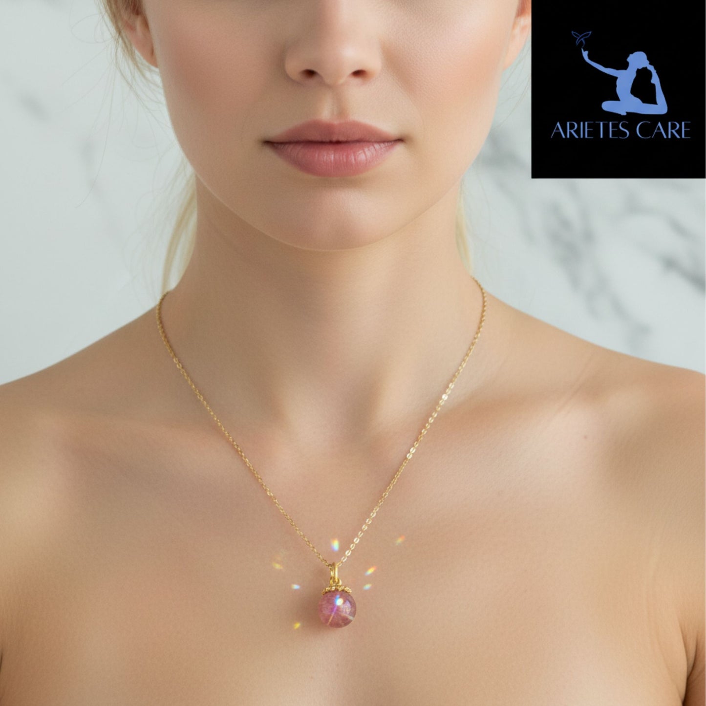 S925 Sterling Silver Gold Plated Natural Salt Source Round Crystal Necklace | Authentic Pink Crystal Round Bead Pendant