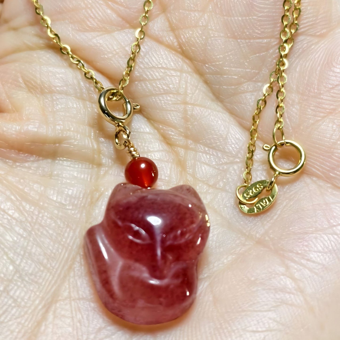 Premium S925 Silver Strawberry Quartz Nine-Tailed Fox Crystal Pendant Necklace