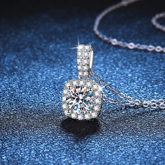 S925 Sterling Silver 1CT Moissanite Pendant Necklace | D Color Square Cut | Platinum Plated Luxury Jewelry for Women