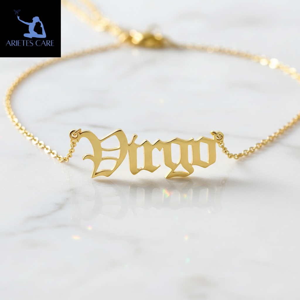 18k Gold Plated Virgo Zodiac Necklace – Personalized Stainless Steel Old English Nameplate Pendant – Luxury Celestial Jewelry for Her