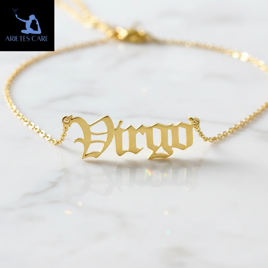 18k Gold Plated Virgo Zodiac Necklace – Personalized Stainless Steel Old English Nameplate Pendant – Luxury Celestial Jewelry for Her
