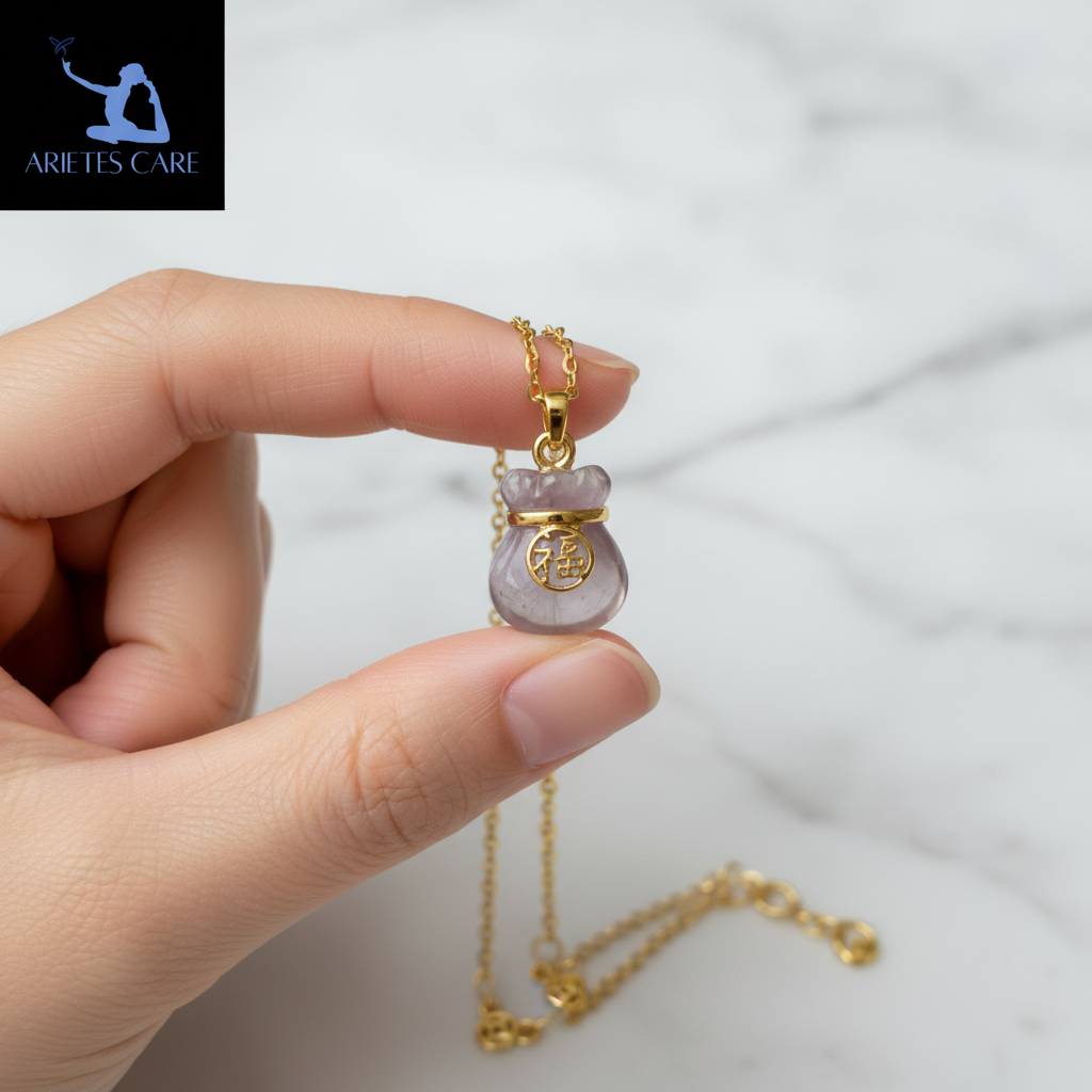 Natural Amethyst Lucky Bag Pendant Necklace - S925 Sterling Silver 14K Gold Plated Crystal Jewelry for Wealth & Calm