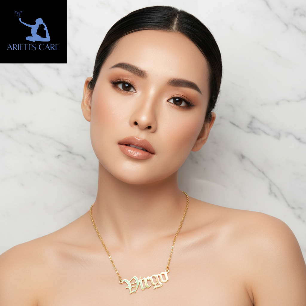 18k Gold Plated Virgo Zodiac Necklace – Personalized Stainless Steel Old English Nameplate Pendant – Luxury Celestial Jewelry for Her