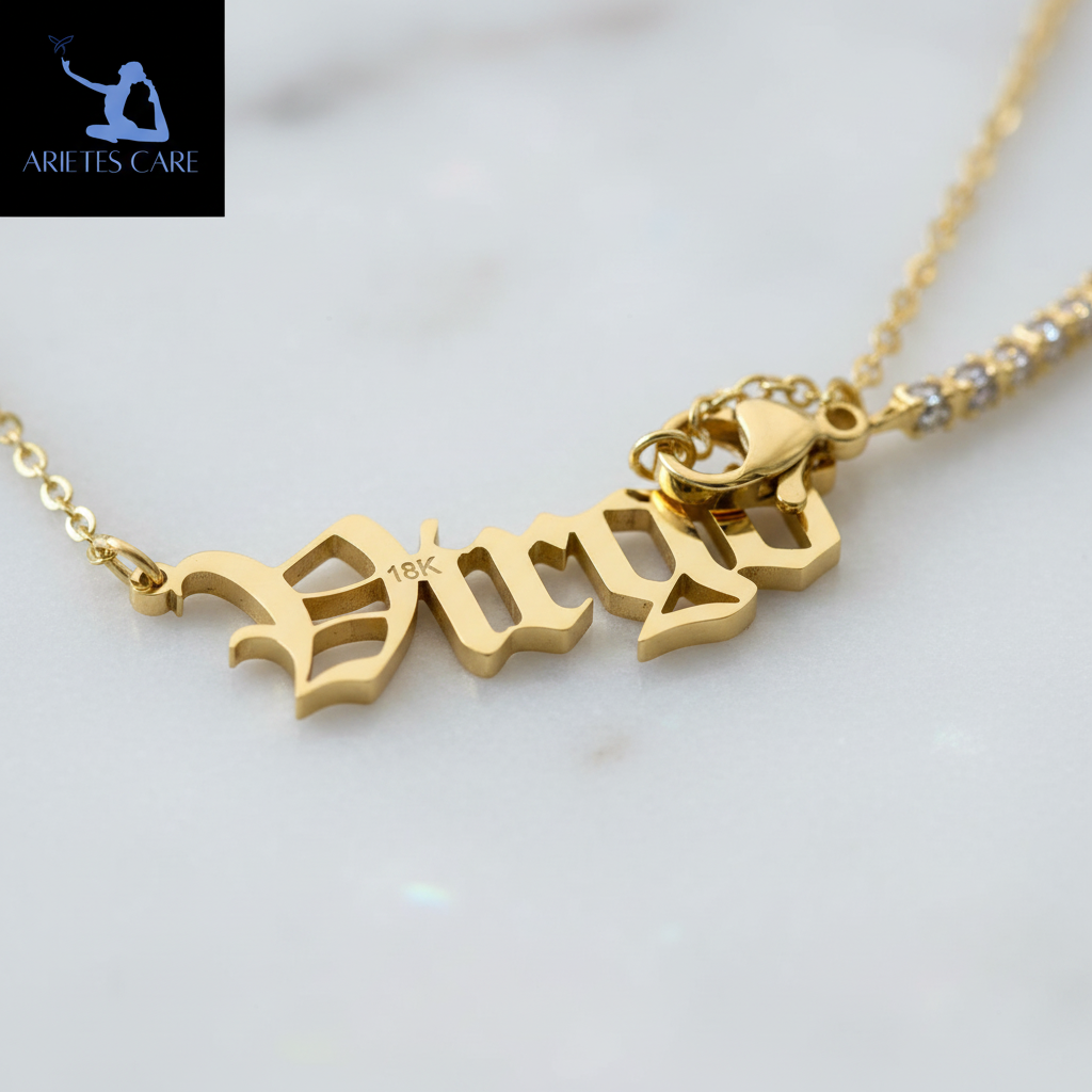 18k Gold Plated Virgo Zodiac Necklace – Personalized Stainless Steel Old English Nameplate Pendant – Luxury Celestial Jewelry for Her