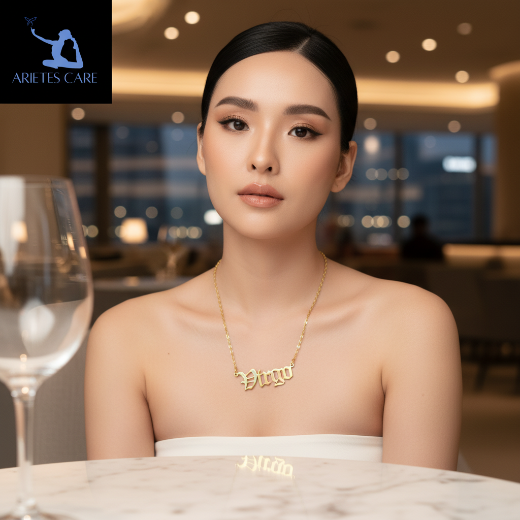 18k Gold Plated Virgo Zodiac Necklace – Personalized Stainless Steel Old English Nameplate Pendant – Luxury Celestial Jewelry for Her