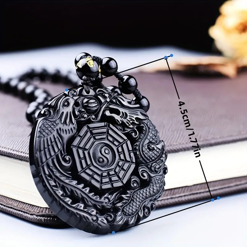 Synthetic Obsidian Carved Dragon Phoenix Stone Lucky Tai Ji Bagua Bead Amulet Pendant Necklace