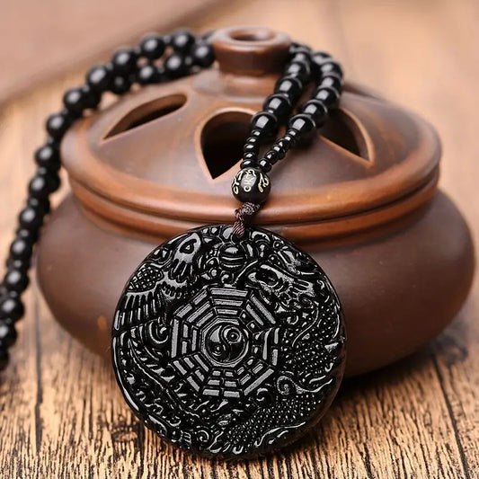 Synthetic Obsidian Carved Dragon Phoenix Stone Lucky Tai Ji Bagua Bead Amulet Pendant Necklace