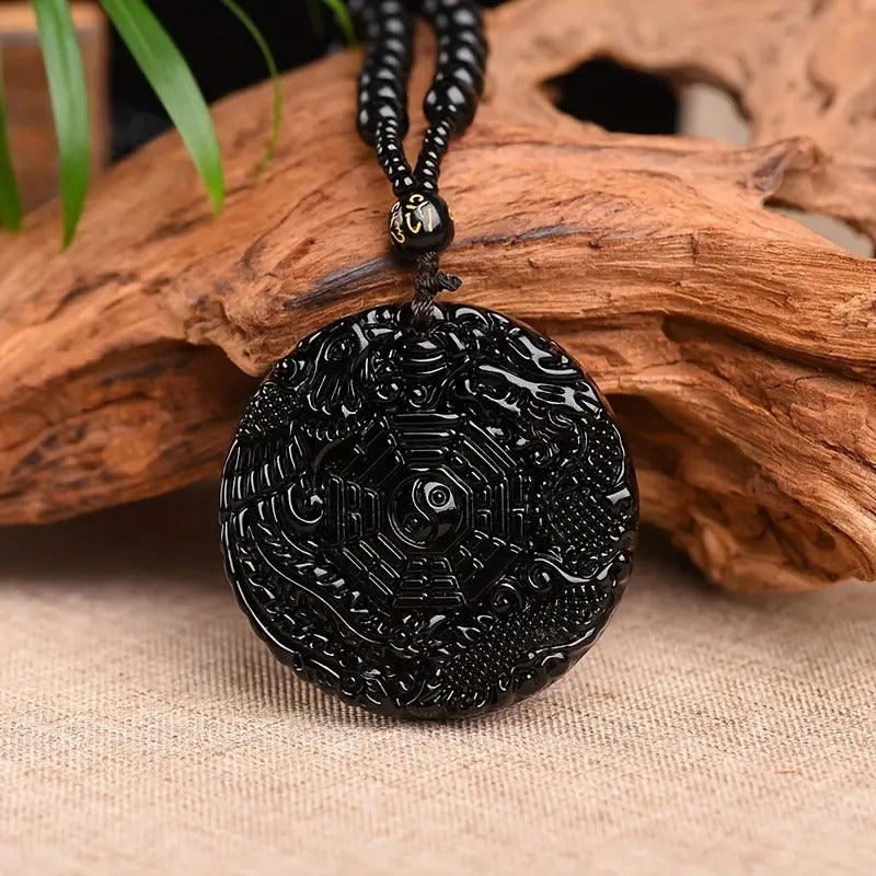 Synthetic Obsidian Carved Dragon Phoenix Stone Lucky Tai Ji Bagua Bead Amulet Pendant Necklace