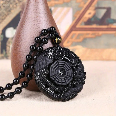 Synthetic Obsidian Carved Dragon Phoenix Stone Lucky Tai Ji Bagua Bead Amulet Pendant Necklace