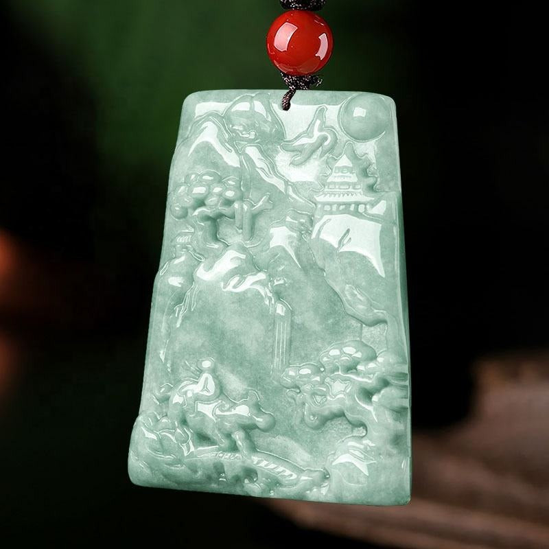 Certified Grade A Green Jadeite Landscape Carved Natural Jade Pendant necklace Violet Authentic Jade Protection Lucky Jewelry Gift Men Women