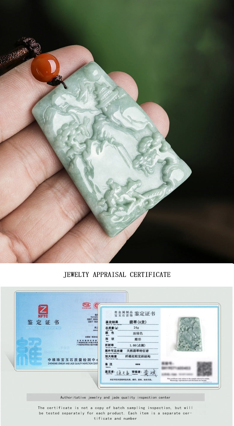 Certified Grade A Green Jadeite Landscape Carved Natural Jade Pendant necklace Violet Authentic Jade Protection Lucky Jewelry Gift Men Women