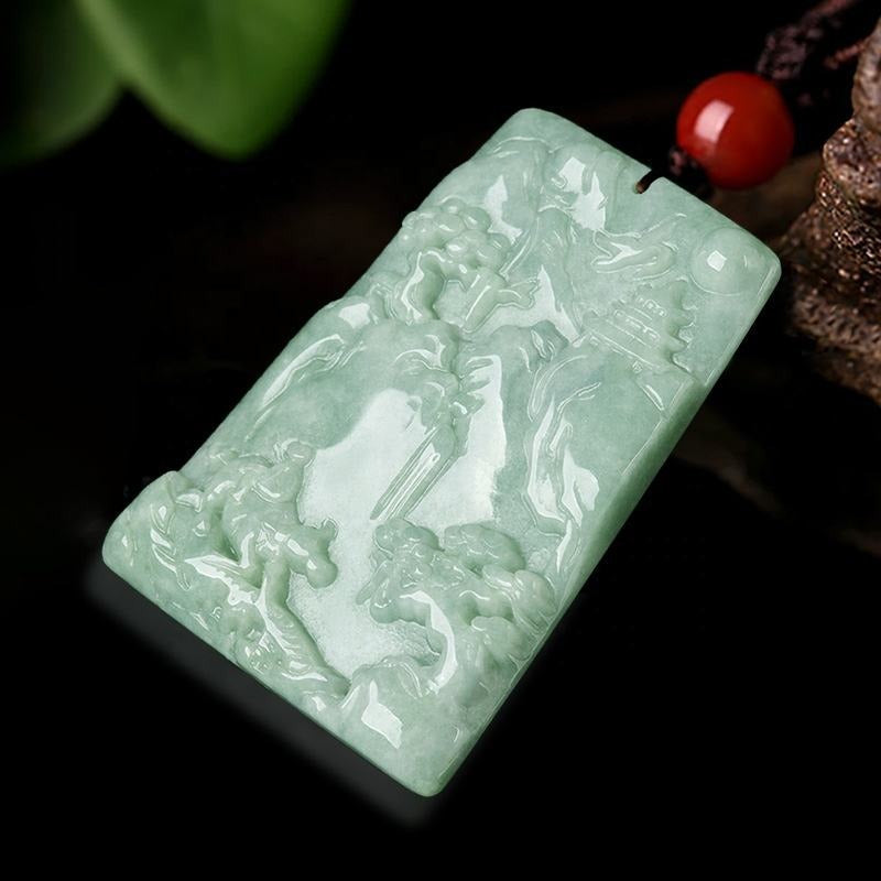 Certified Grade A Green Jadeite Landscape Carved Natural Jade Pendant necklace Violet Authentic Jade Protection Lucky Jewelry Gift Men Women