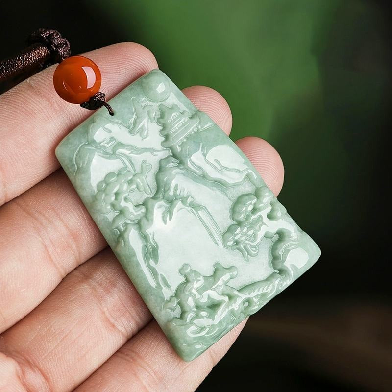 Certified Grade A Green Jadeite Landscape Carved Natural Jade Pendant necklace Violet Authentic Jade Protection Lucky Jewelry Gift Men Women