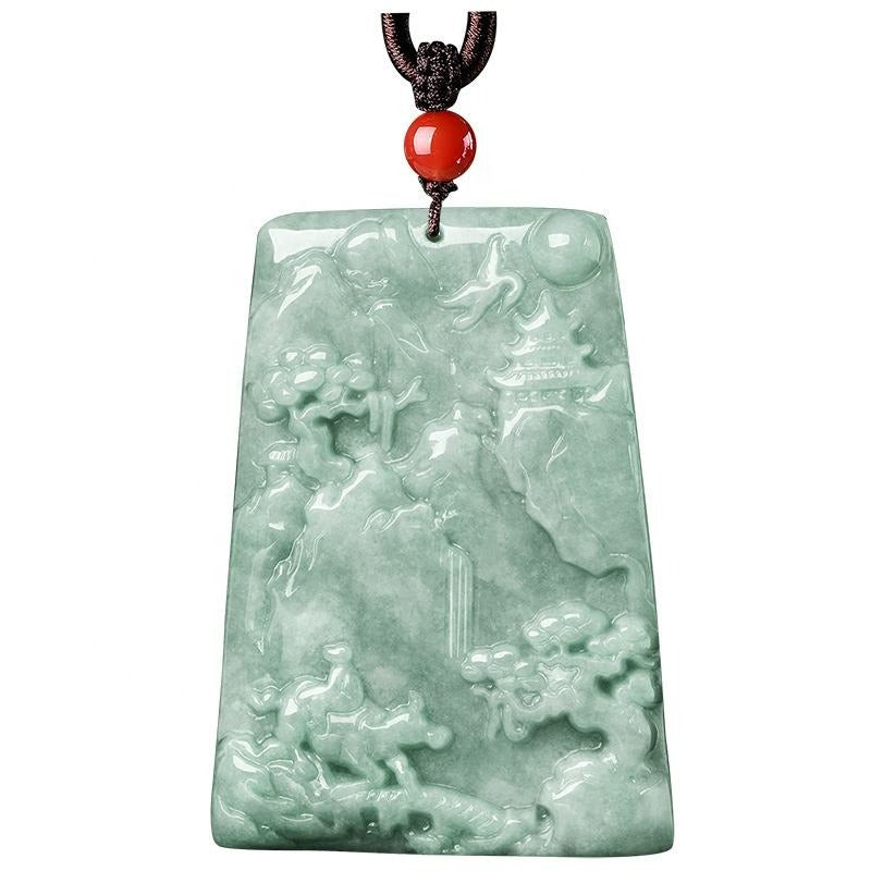 Certified Grade A Green Jadeite Landscape Carved Natural Jade Pendant necklace Violet Authentic Jade Protection Lucky Jewelry Gift Men Women