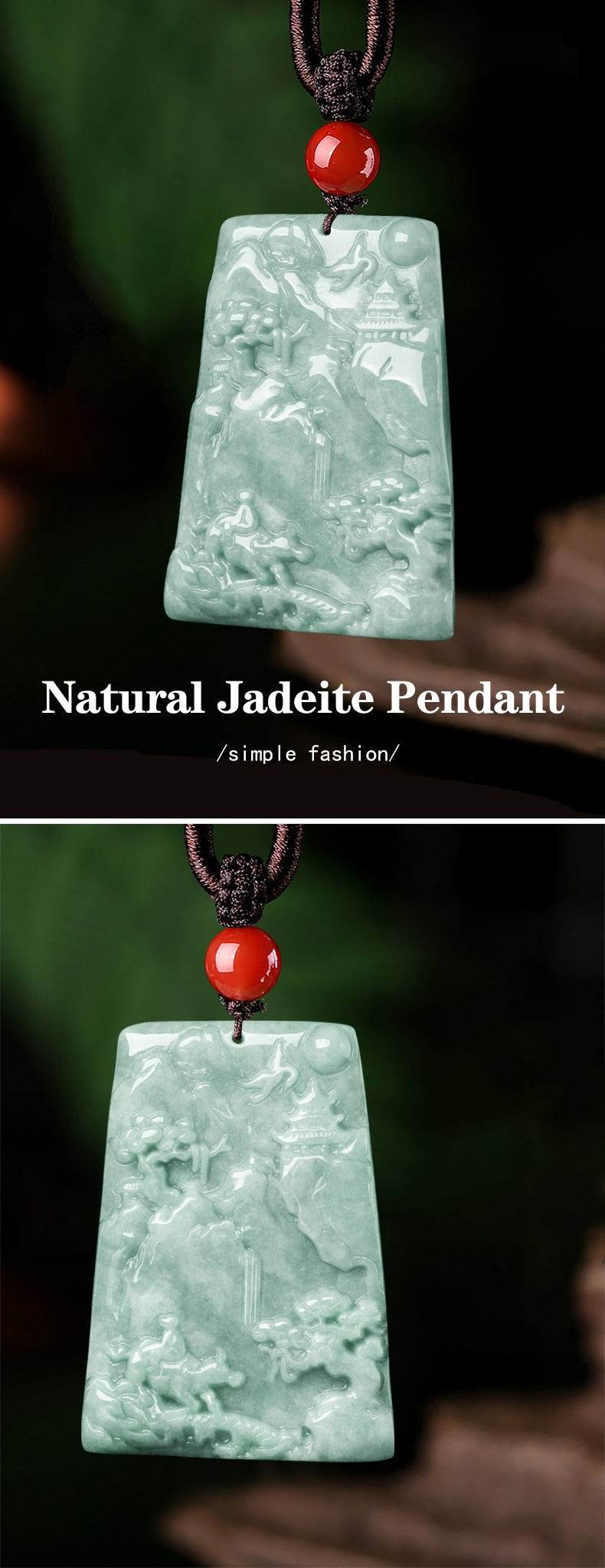 Certified Grade A Green Jadeite Landscape Carved Natural Jade Pendant necklace Violet Authentic Jade Protection Lucky Jewelry Gift Men Women