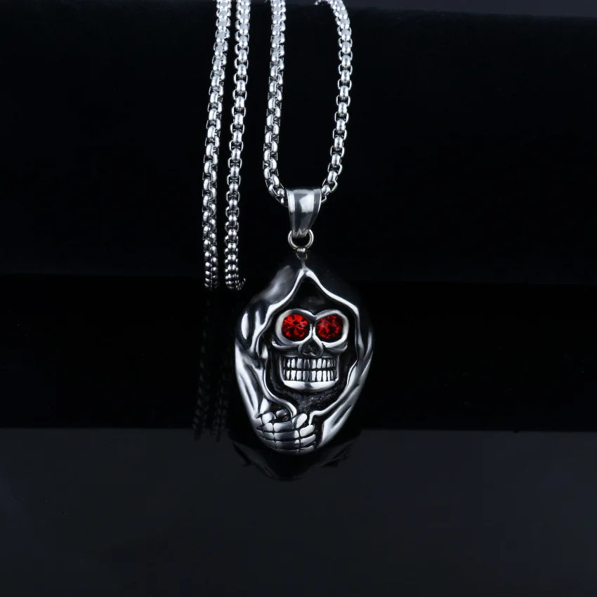 Mens Punk Evil Eye Biker Skeleton Pendant Titanium Steel Chain Necklace