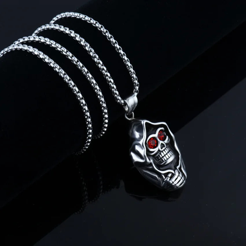 Mens Punk Evil Eye Biker Skeleton Pendant Titanium Steel Chain Necklace