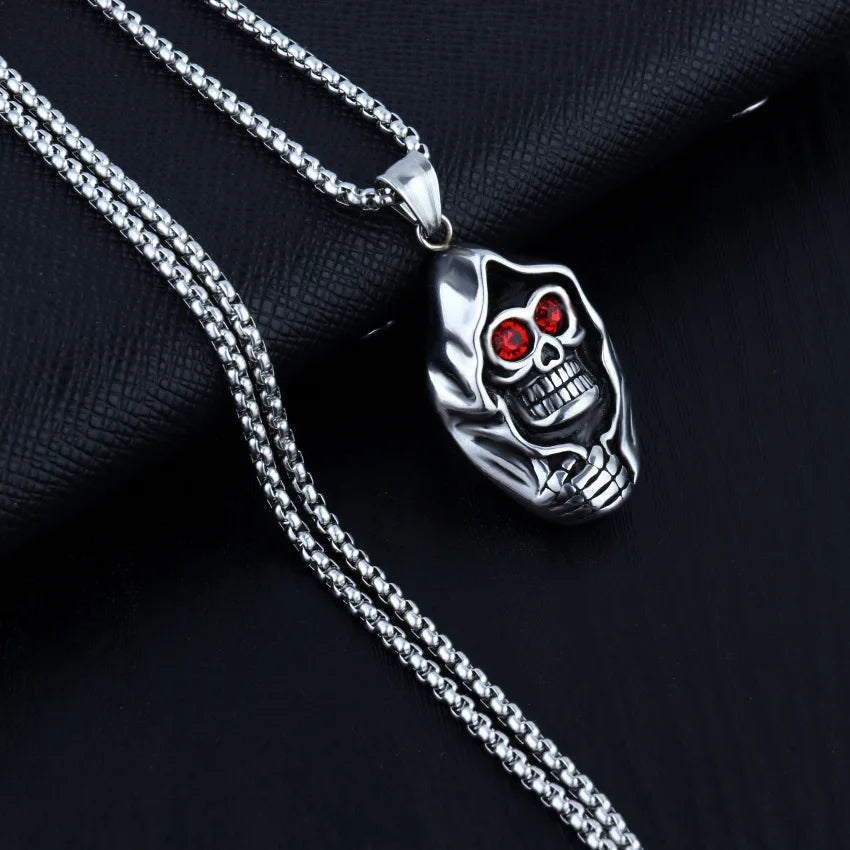 Mens Punk Evil Eye Biker Skeleton Pendant Titanium Steel Chain Necklace