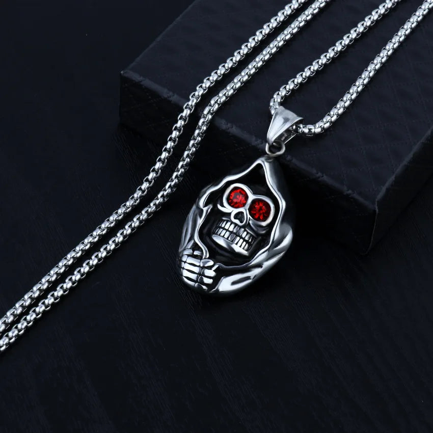 Mens Punk Evil Eye Biker Skeleton Pendant Titanium Steel Chain Necklace