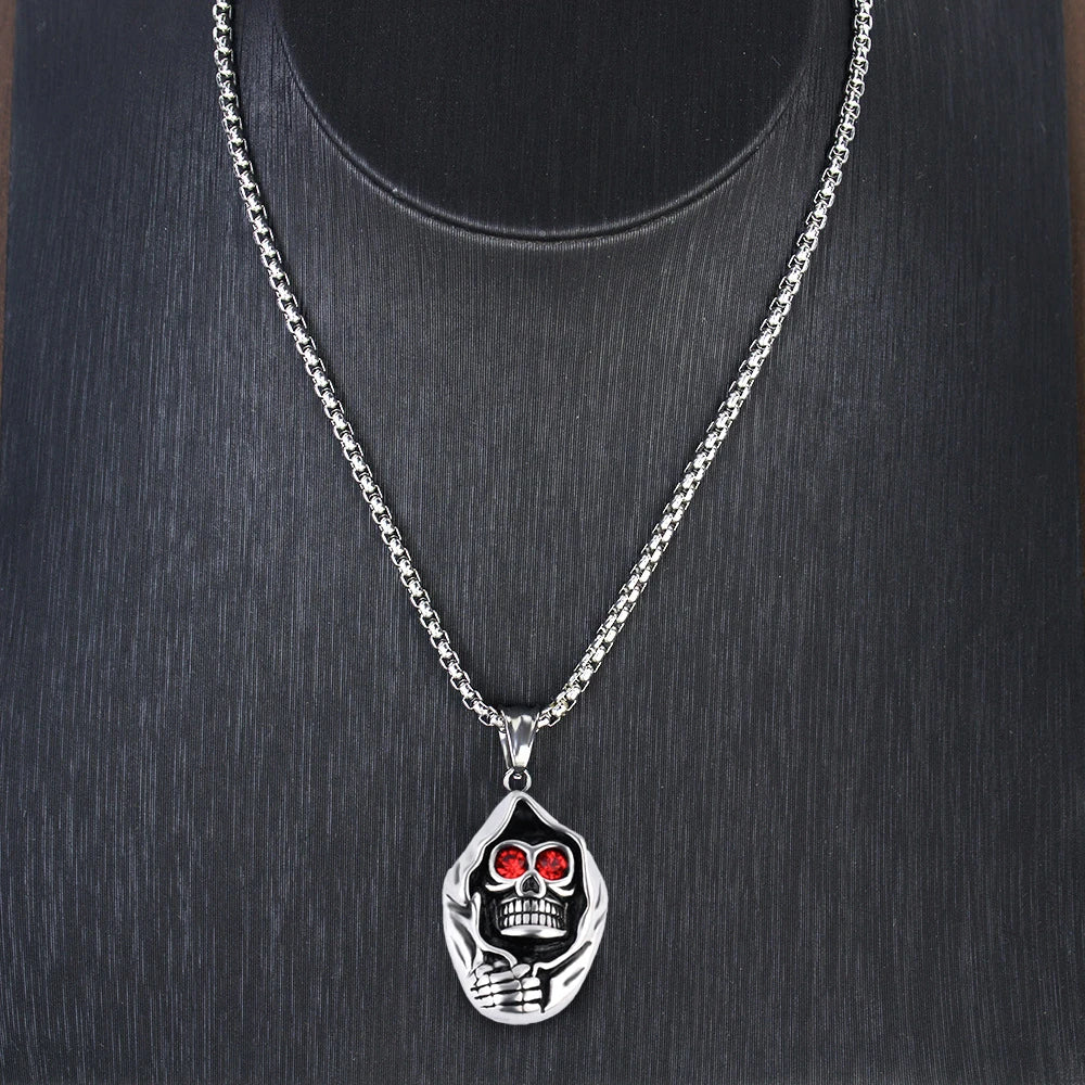 Mens Punk Evil Eye Biker Skeleton Pendant Titanium Steel Chain Necklace