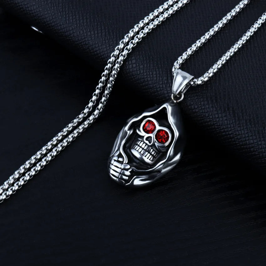 Mens Punk Evil Eye Biker Skeleton Pendant Titanium Steel Chain Necklace