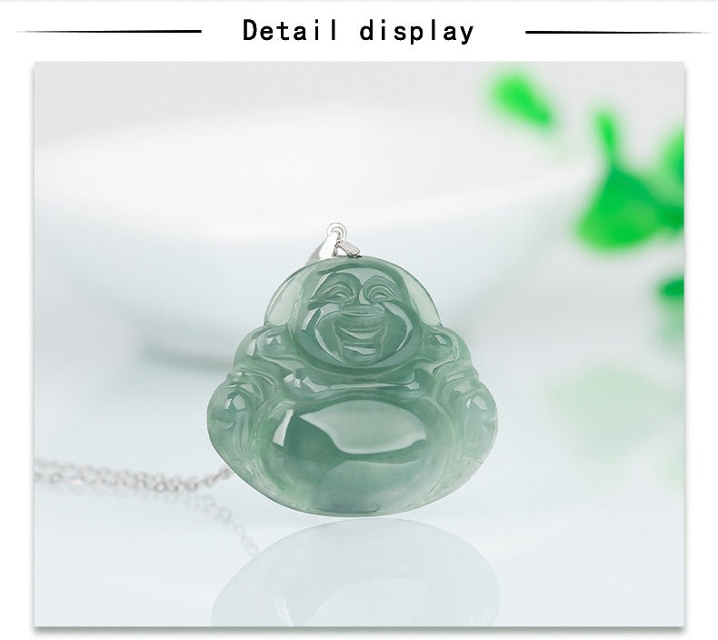 Jade necklace S925 Silver inlaid Laughing Buddha Pendant Smiling Green Jadeite Buddha necklace head Certified Grade A Burma Gift for Women