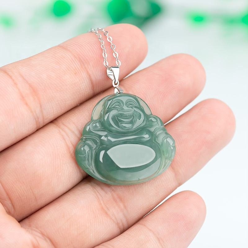 Jade necklace S925 Silver inlaid Laughing Buddha Pendant Smiling Green Jadeite Buddha necklace head Certified Grade A Burma Gift for Women