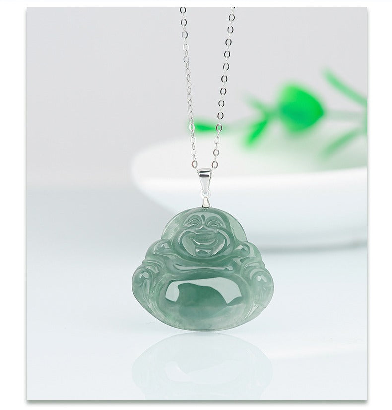 Jade necklace S925 Silver inlaid Laughing Buddha Pendant Smiling Green Jadeite Buddha necklace head Certified Grade A Burma Gift for Women