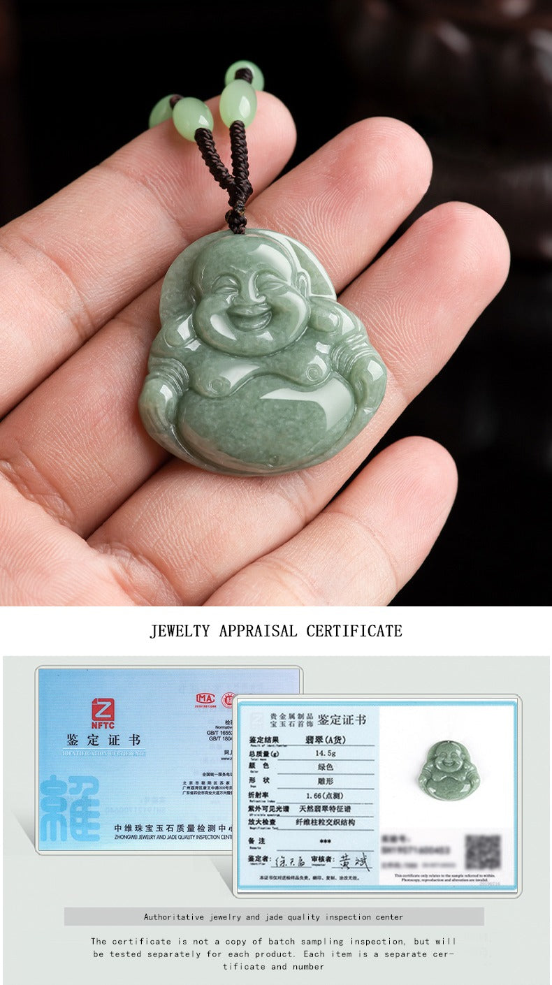 Real Green Jade Smiling Buddha Necklace, Genuine Laughing Buddha Pendant Charm Gift, Happy Gautama Gemstone Chinese Amulet, Lucky Men Women