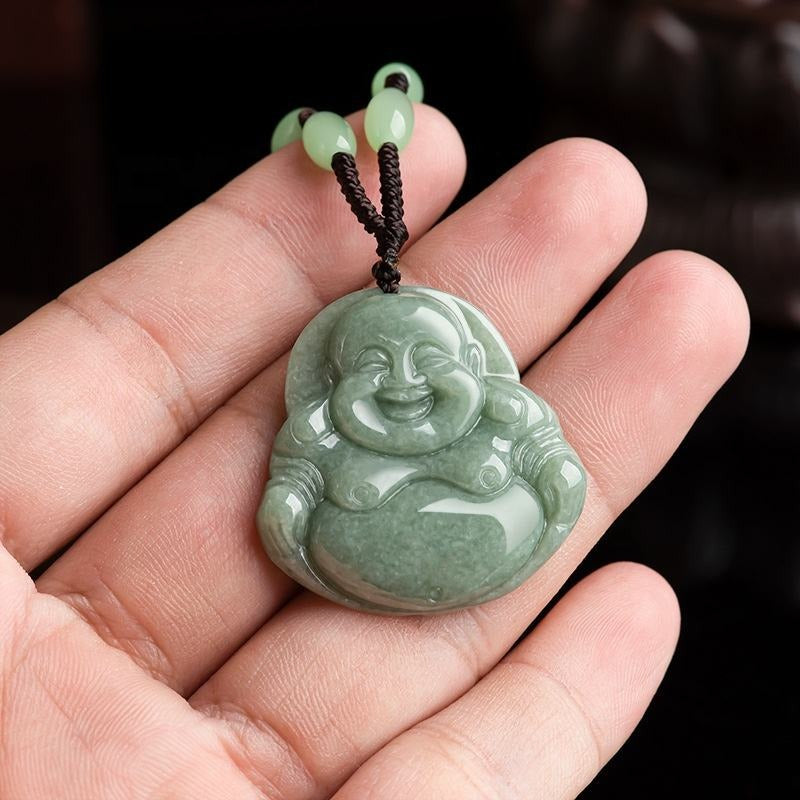 Real Green Jade Smiling Buddha Necklace, Genuine Laughing Buddha Pendant Charm Gift, Happy Gautama Gemstone Chinese Amulet, Lucky Men Women