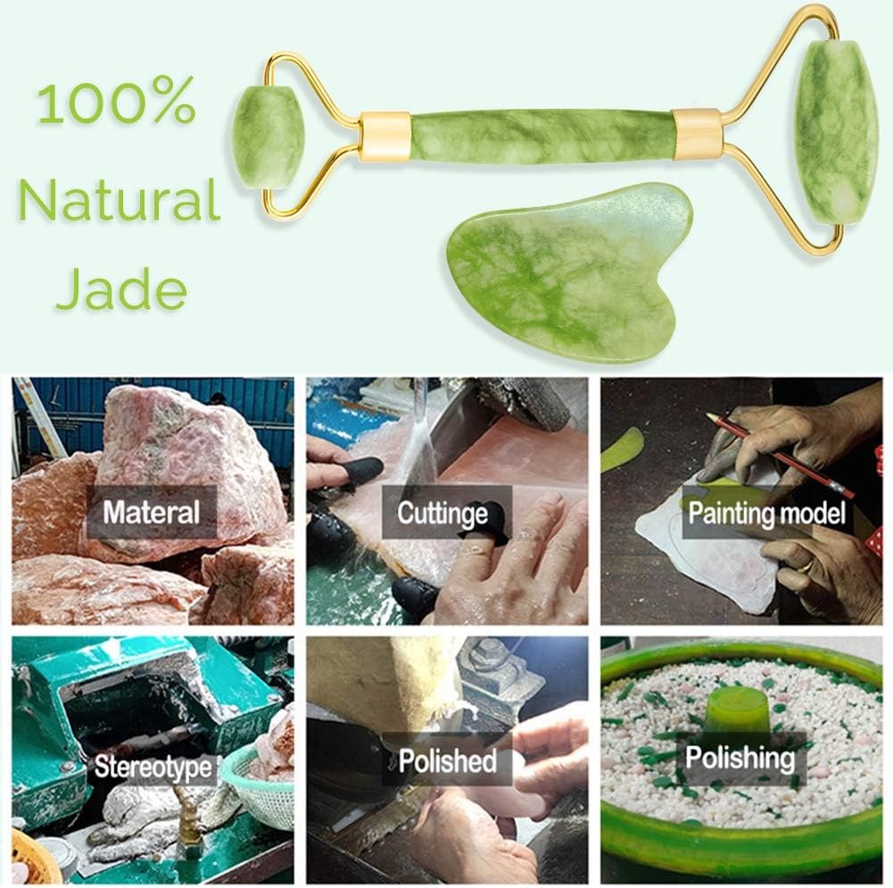 Jade Roller & Gua Sha Set Face Roller and Gua Sha Facial Tools for Skin Care Routine and Puffiness-Green