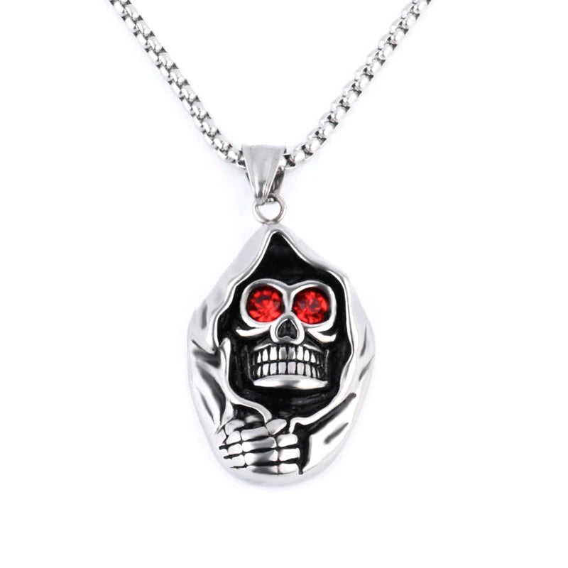 Mens Punk Evil Eye Biker Skeleton Pendant Titanium Steel Chain Necklace