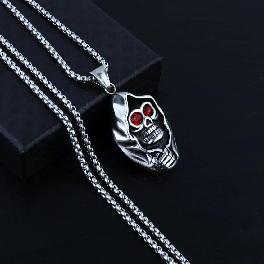 Mens Punk Evil Eye Biker Skeleton Pendant Titanium Steel Chain Necklace