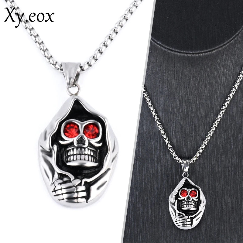 Mens Punk Evil Eye Biker Skeleton Pendant Titanium Steel Chain Necklace