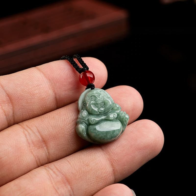 Jade necklace Laughing Buddha Pendant Smiling Green Jadeite Buddha necklace head adjustable Rope Certified Grade A Burma Gift for Women