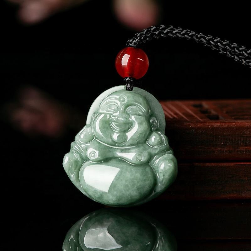 Jade necklace Laughing Buddha Pendant Smiling Green Jadeite Buddha necklace head adjustable Rope Certified Grade A Burma Gift for Women