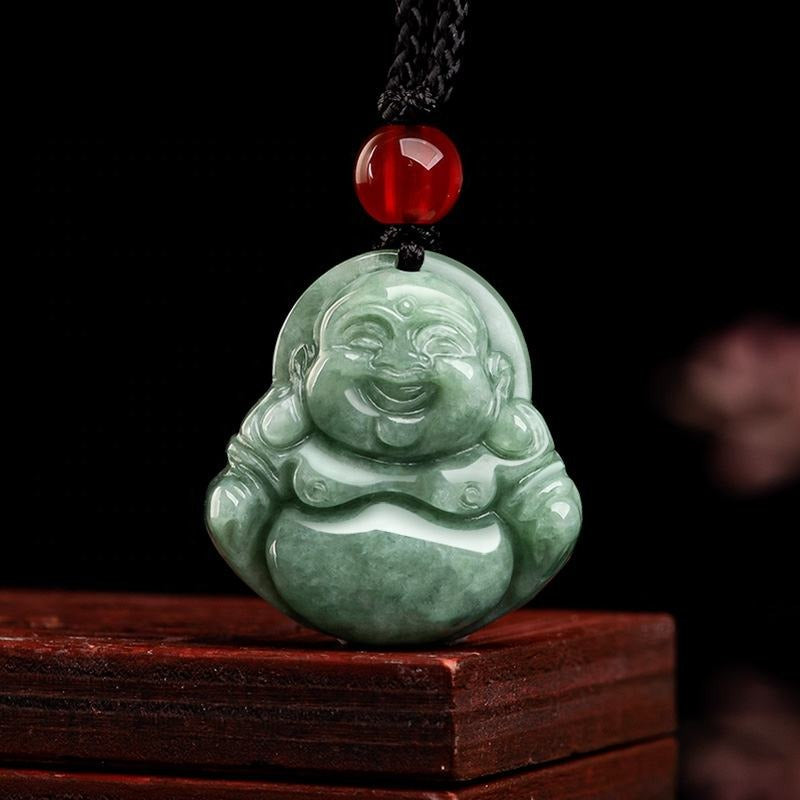 Jade necklace Laughing Buddha Pendant Smiling Green Jadeite Buddha necklace head adjustable Rope Certified Grade A Burma Gift for Women