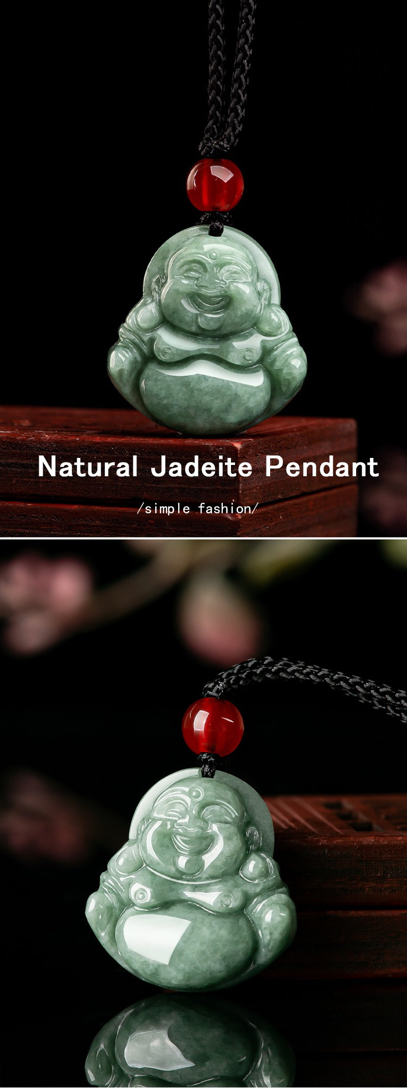 Jade necklace Laughing Buddha Pendant Smiling Green Jadeite Buddha necklace head adjustable Rope Certified Grade A Burma Gift for Women