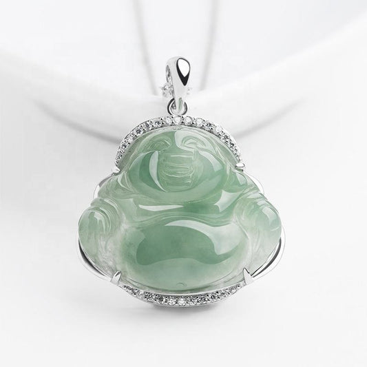 Jade necklace S925 Silver Cubic inlaid Laughing Buddha Pendant Smiling Green Jadeite Buddha necklace head Certified Grade A Burma mama gift