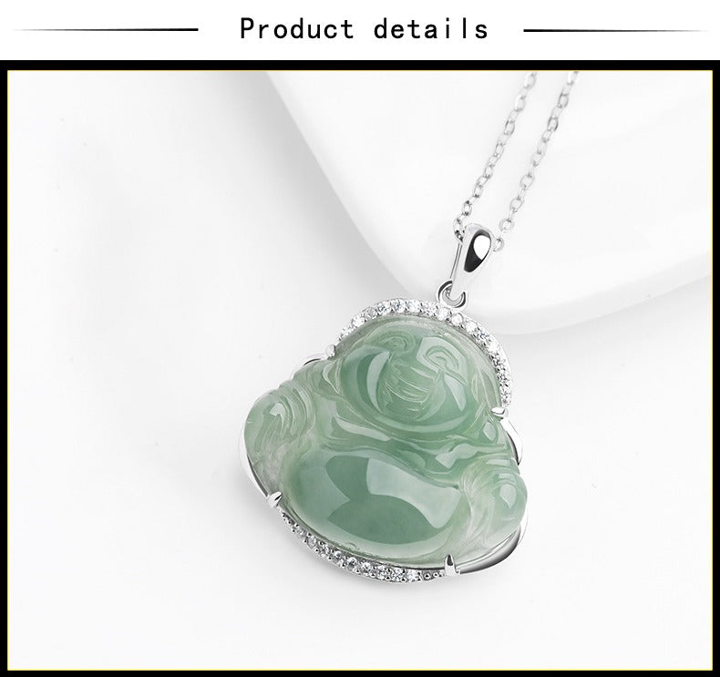 Jade necklace S925 Silver Cubic inlaid Laughing Buddha Pendant Smiling Green Jadeite Buddha necklace head Certified Grade A Burma mama gift