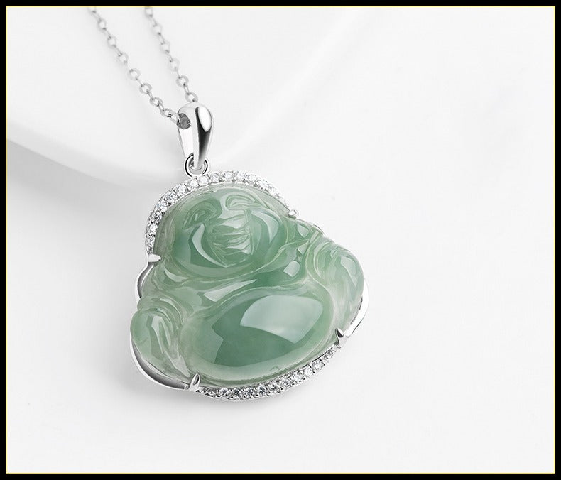 Jade necklace S925 Silver Cubic inlaid Laughing Buddha Pendant Smiling Green Jadeite Buddha necklace head Certified Grade A Burma mama gift