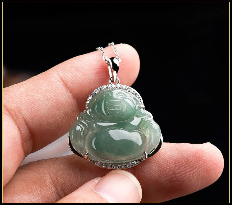 Jade necklace S925 Silver Cubic inlaid Laughing Buddha Pendant Smiling Green Jadeite Buddha necklace head Certified Grade A Burma mama gift