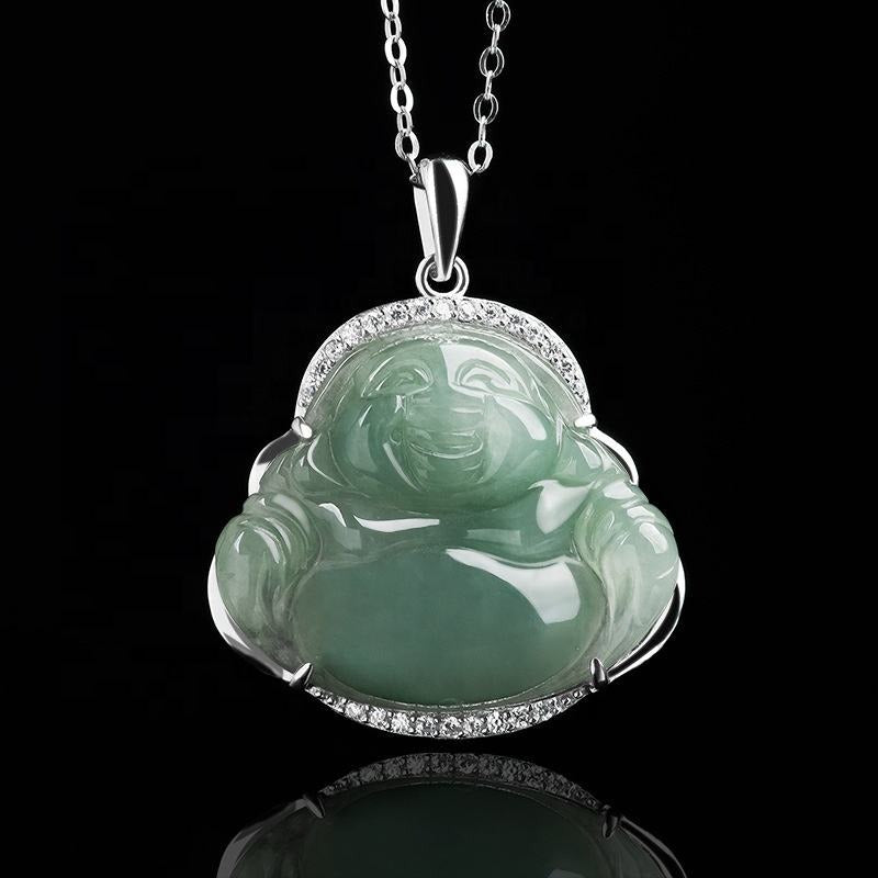 Jade necklace S925 Silver Cubic inlaid Laughing Buddha Pendant Smiling Green Jadeite Buddha necklace head Certified Grade A Burma mama gift