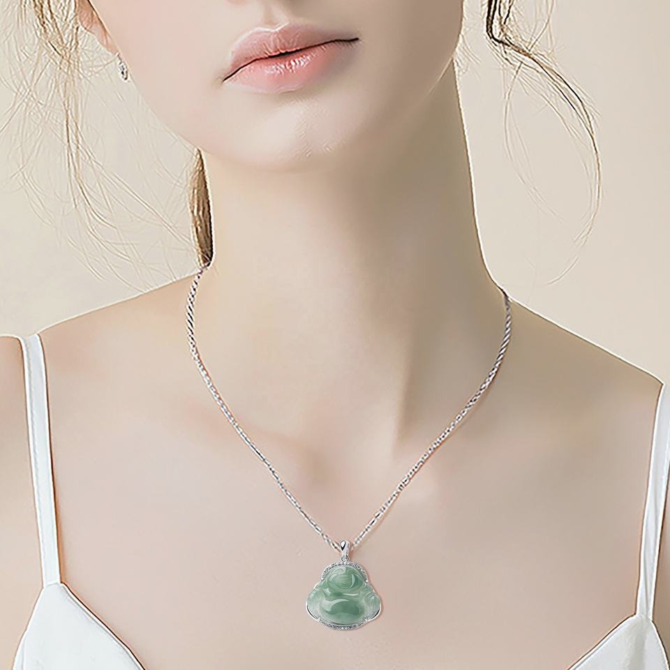 Jade necklace S925 Silver Cubic inlaid Laughing Buddha Pendant Smiling Green Jadeite Buddha necklace head Certified Grade A Burma mama gift