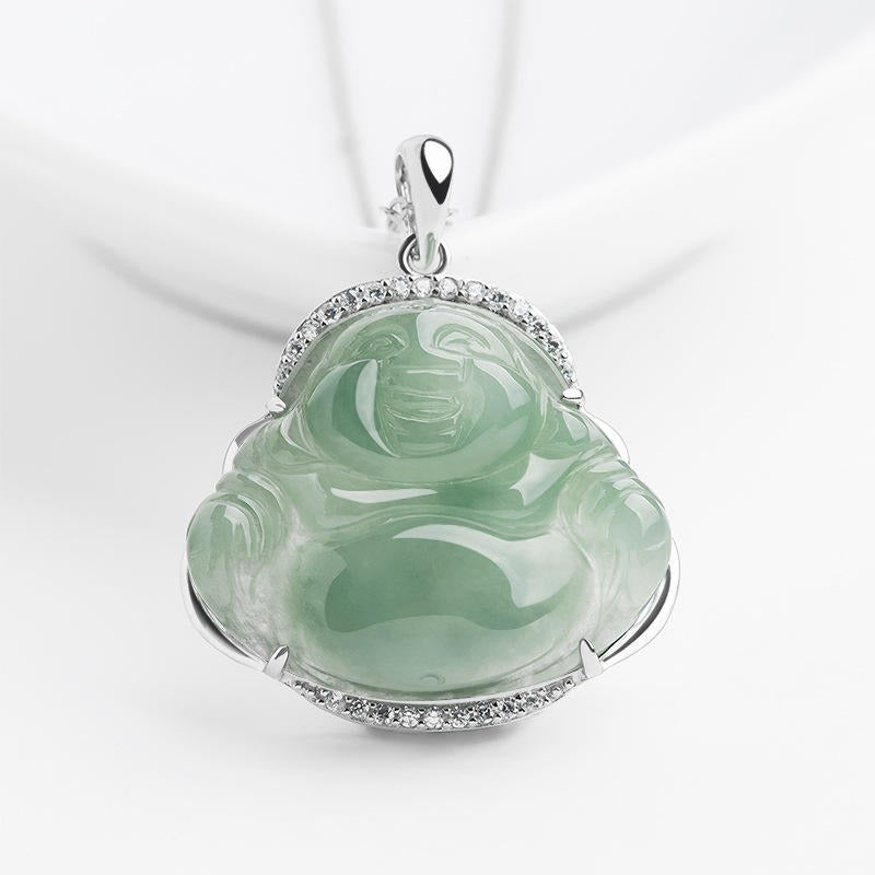 Jade necklace S925 Silver Cubic inlaid Laughing Buddha Pendant Smiling Green Jadeite Buddha necklace head Certified Grade A Burma mama gift