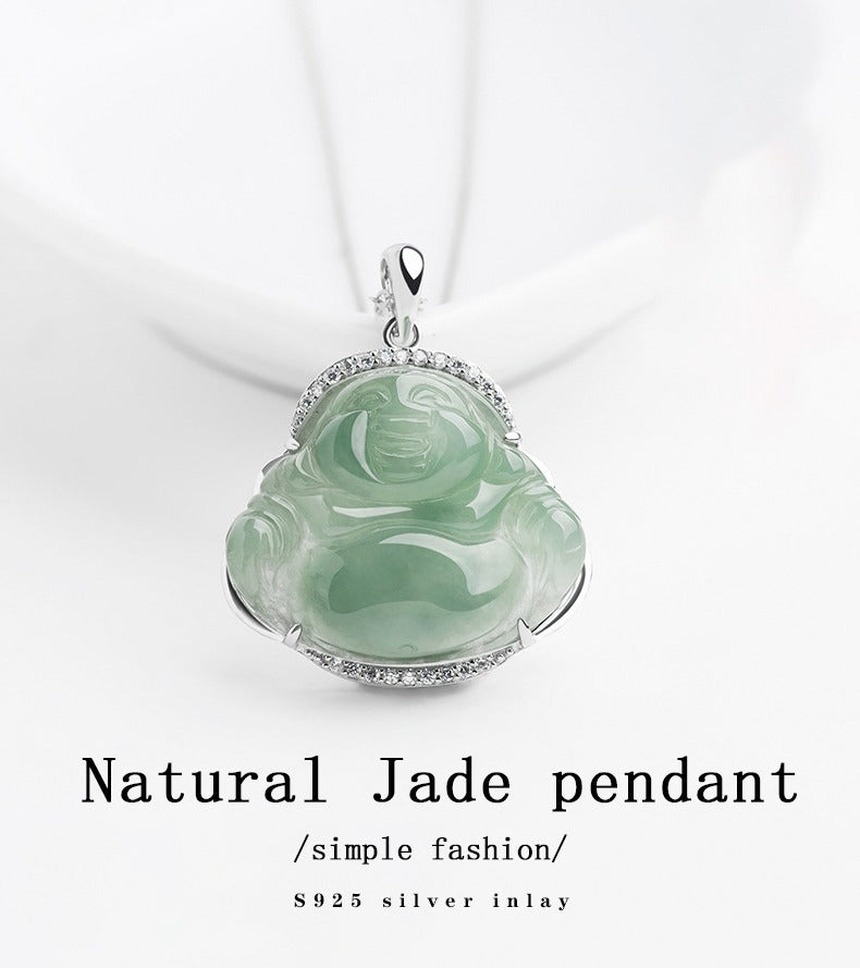 Jade necklace S925 Silver Cubic inlaid Laughing Buddha Pendant Smiling Green Jadeite Buddha necklace head Certified Grade A Burma mama gift