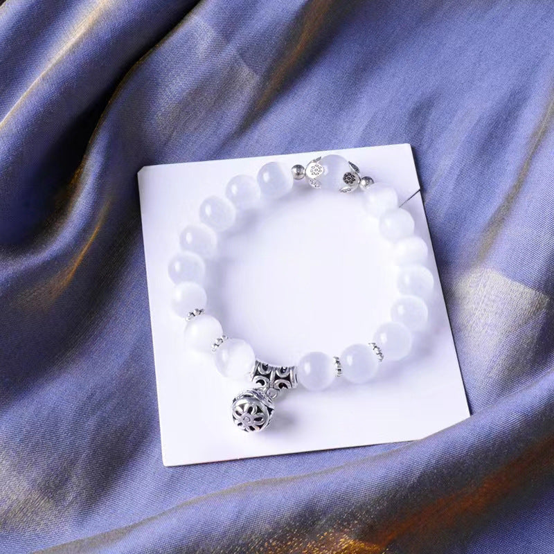 Exquisite Ball Cat's Eye Crystal Single Layer Beaded Bracelet Retro Silver Ball Handmade Transparent Temperament Stone Bracelet