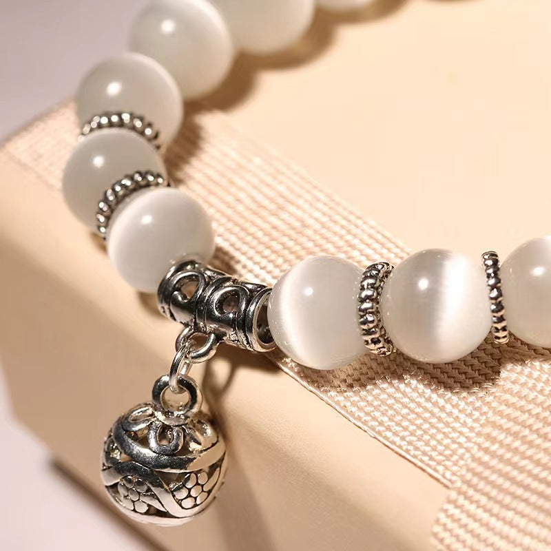 Exquisite Ball Cat's Eye Crystal Single Layer Beaded Bracelet Retro Silver Ball Handmade Transparent Temperament Stone Bracelet