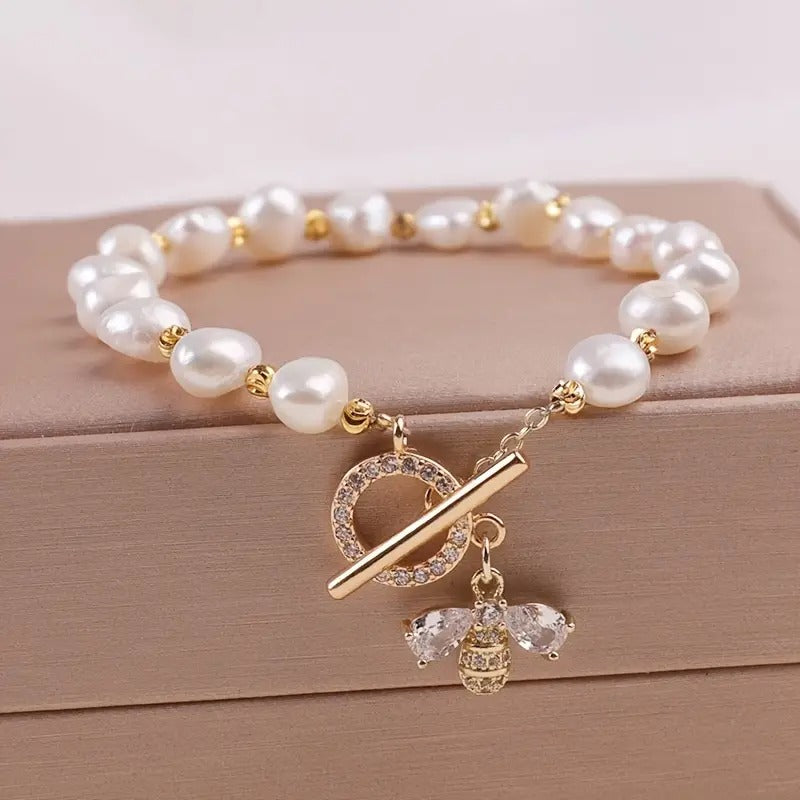Elegant Pearl Charm Bracelet Baroque Natural Pearl String Bracelet with Gold Accents7-8mm bead