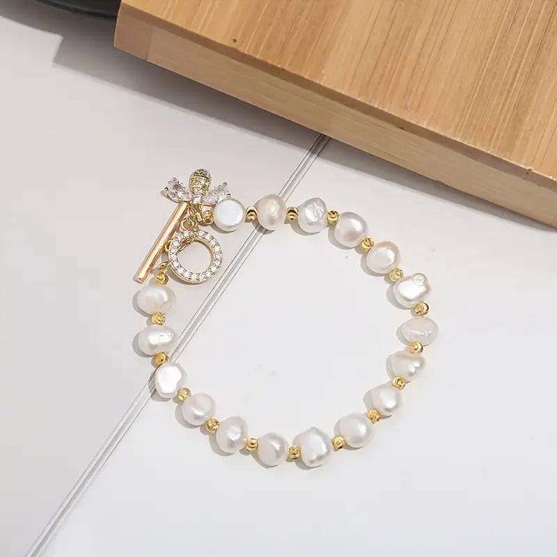 Elegant Pearl Charm Bracelet Baroque Natural Pearl String Bracelet with Gold Accents7-8mm bead